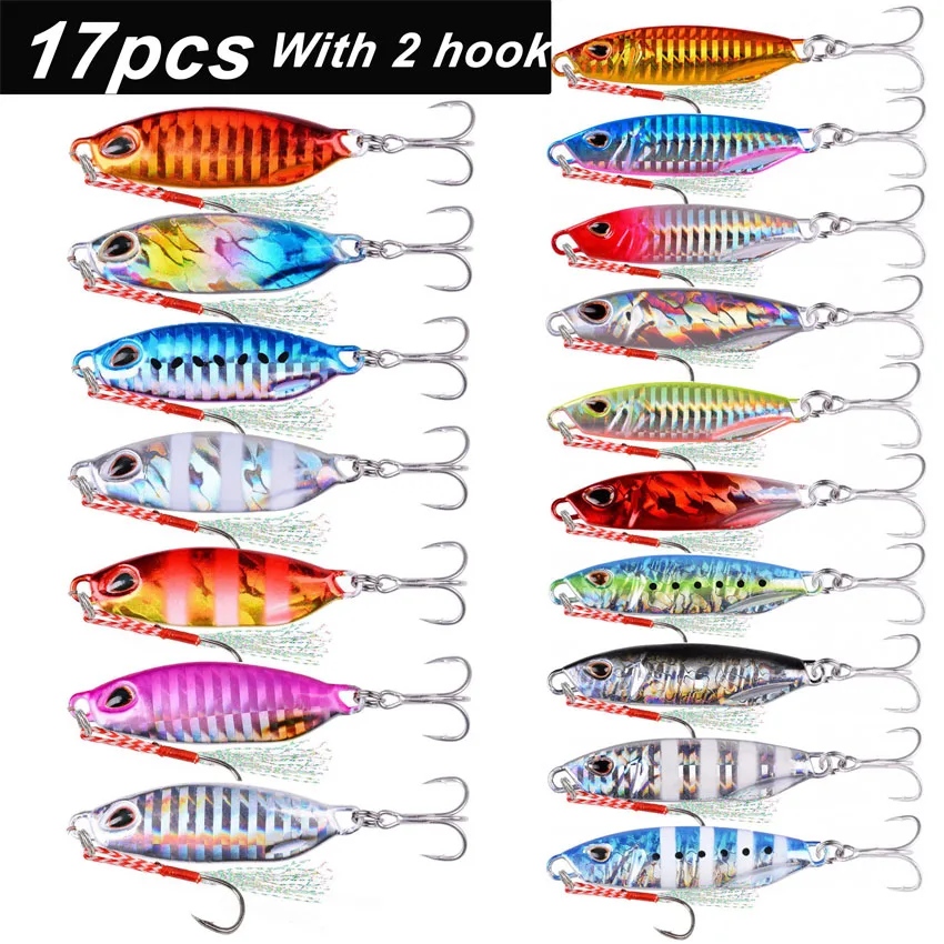 Conjunto de 17 Iscas Artificiais de Metal para Pesca de Costa e Jigging, incluindo Iscas de Metal Tipo Colher para Slow Jigging e Iscas de Metal Listradas, com pesos de 15g, 40g e 50g