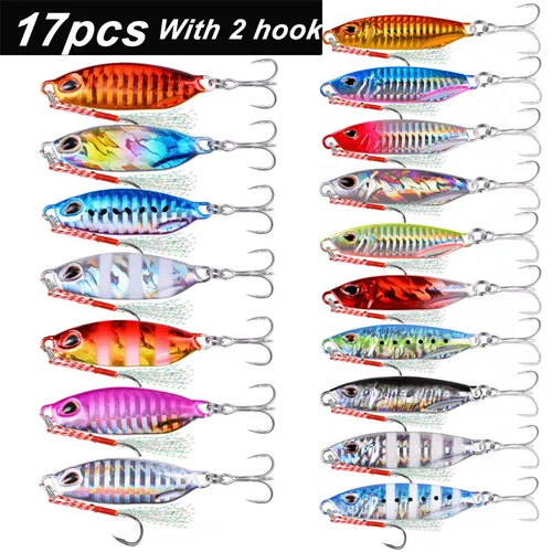 Imagen 1 del producto Señuelos de Pesca de Metal para Jigging, Tipo Cuchara, 15g-40g-50g, Cebo Artificial para Pesca desde Orilla, Juego de 17 Señuelos Metálicos Rayados