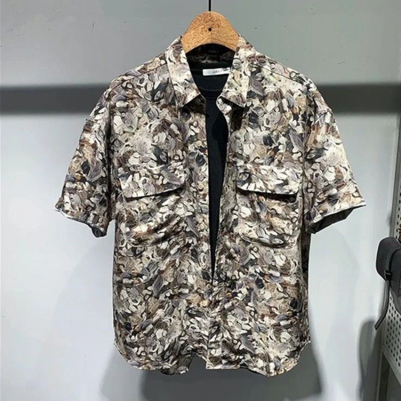 Handsome Model Thin Fashion Loose Casual Flower Color Short Sleeved Shirt Men