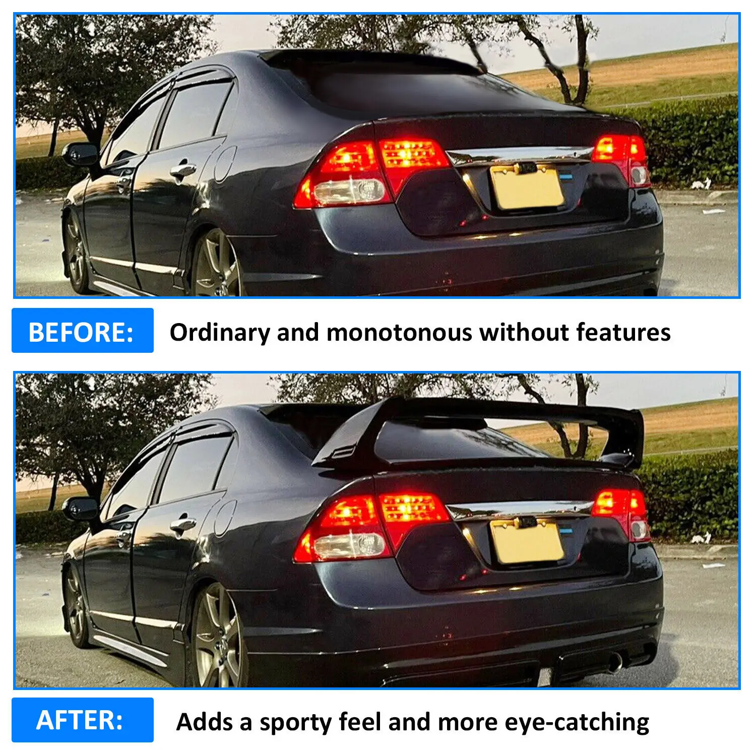 For 2006 08 09 2011 Civic 4DR Sedan Gloss Bright Black Mugen Style RR 4Pcs Trunk Wing Spoiler Tailgate Body Kit ABS Accessories