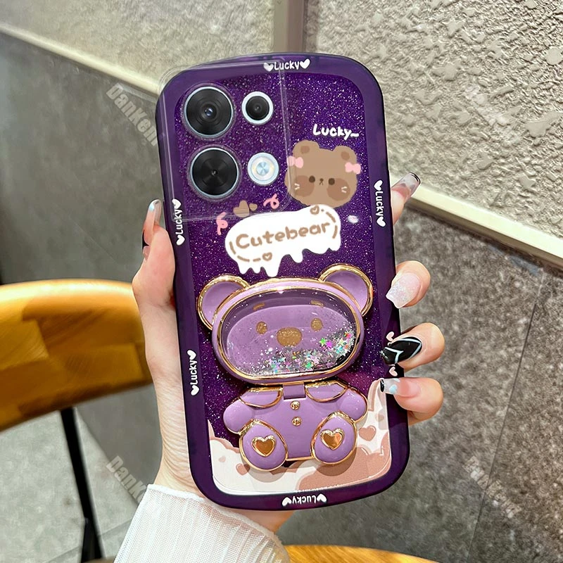 Bear Makeup Mirror Silicone Holder Phone Case For OPPO Reno 8T 7 10 7Z 5K 5Z 5Pro 5 4SE 4Pro 4 3Pro 3 Find X5Pro X5 X3Pro Cover