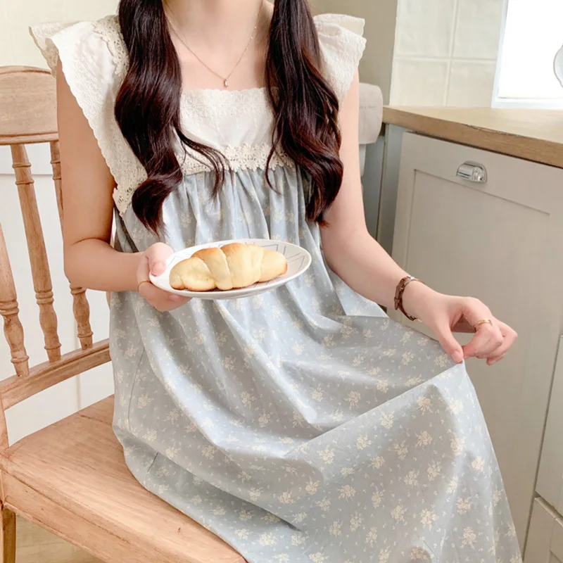 Korean Women Print Ruffles Lace Fragrant Strap Comfortable Nightwear Sweet Girls Home Clothes Pajama Nighty Dress