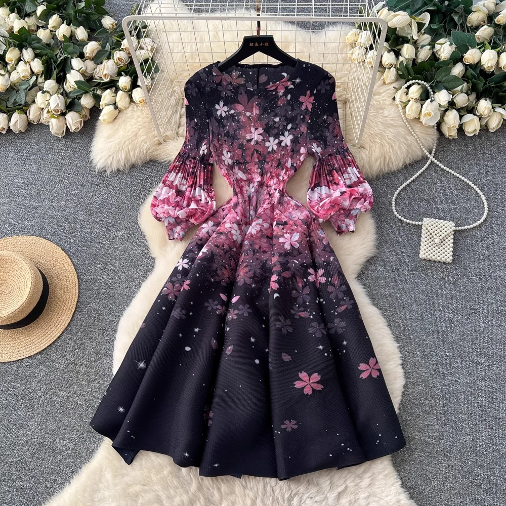 Miyake Pleated Print Dresses 2026 Summer New Round Neck Lantern Sleeve A-Line Flower Bud Dress Elegant Stretch Women's Clothing