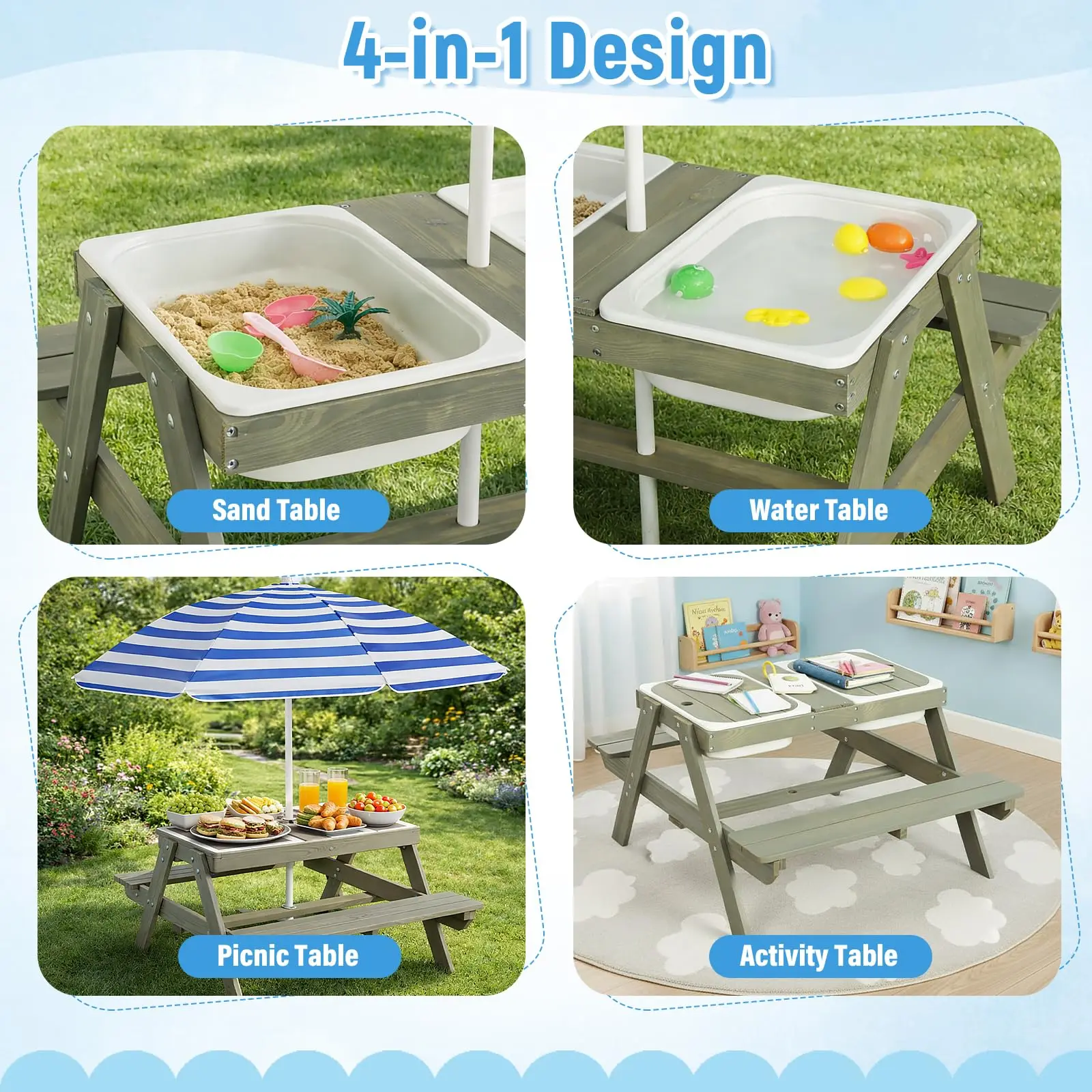 Wooden 4-in-1 Picnic Table – Kids Sand & Water Sensory Table with Weatherproof Umbrella, 2 Covered Storage Bins, for Toddlers, B