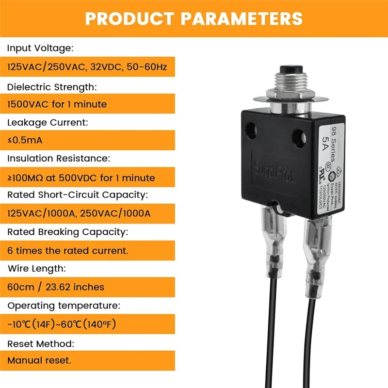 3 أمبير و 5 أمبير زر الضغط دليل إعادة تعيين قطاع دارة رحلة السيارات قطاع دارة الحرارية 18AWG الأسلاك وغطاء مقاوم للماء-AS97