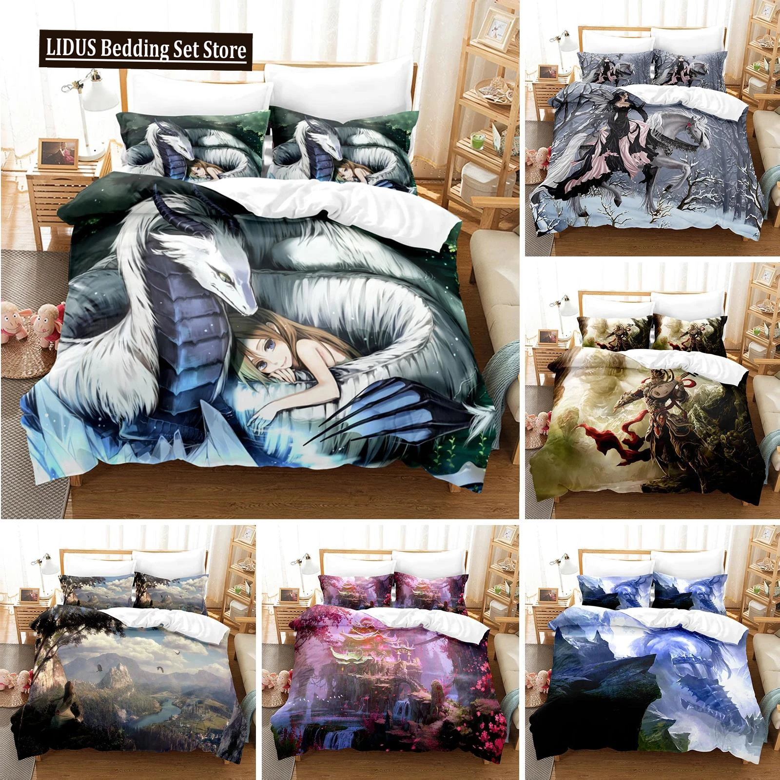 3D Printed Fantasy Witch Dragon Alien World Bedding Set Down Quilt Cover With Pillowcase Double Complete Queen King Bedding