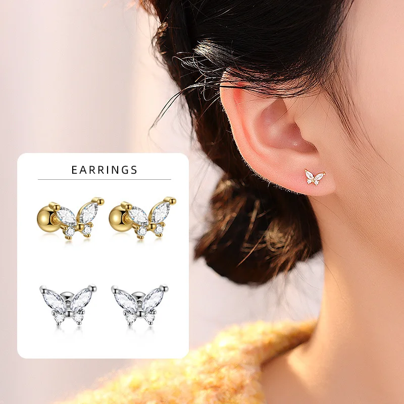 2 Pcs Cute Snowflake Cross Stainless Steel Small Stud Earrings for Woman White Crystal CZ Helix Tragus Cartilage Ear Studs