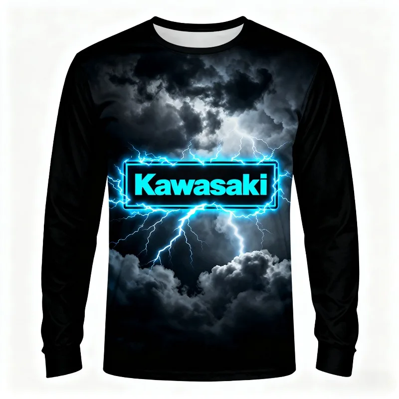 

MOTO — черная рубашка с длинным рукавом, динамическим грозовым механизмом и неоново-синим логотипом Kawasaki