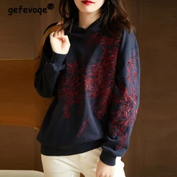 Yeni kadın kore moda Vintage nakış kapüşonlu eşofman üstü sonbahar kış rahat uzun kollu kazak Chic gevşek Hoodies Tops