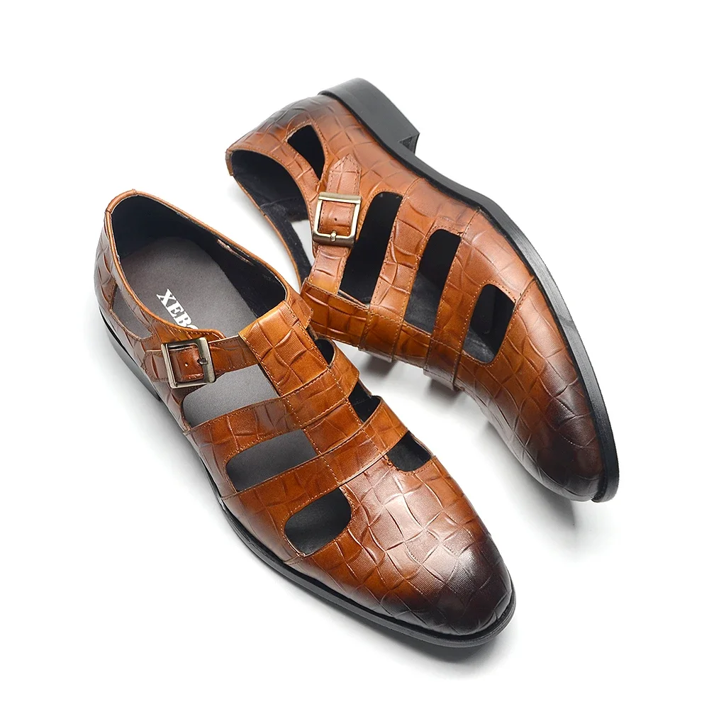 Summer Men\'s Casual Sandals Genuine Leather Fashion Hollow Out Breathable Buckle Strap Business Formal Shoes Middle East Style