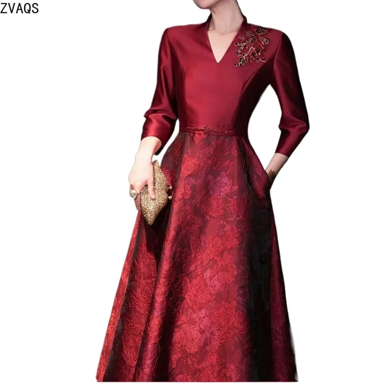 ZVAQS Dresses for Women Spring Red Jacquard Beaded Dress Elegant Waist Cinched Banquet Wedding Guest Midi Dress Женская Одежда