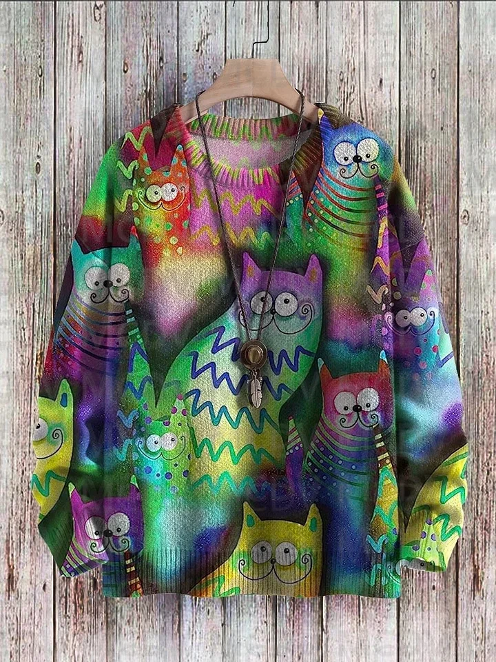 

Halloween Cat Multicolor Print Casual Knit Pullover Sweater Men's For Women's Pullover