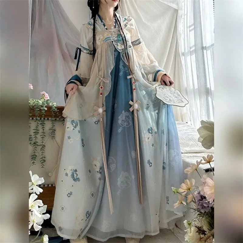 Chinese Hanfu Women's One Piece Chest Length Dress Embroidered Print Spring/Summer Friend Carnival Fairy Cosplay Dance Dress