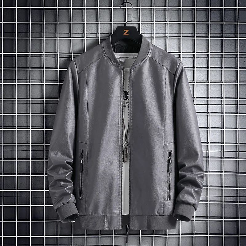 Autumn Man Leather Jacket New Streetwear Motorcycle Punk Windproof Men Coat Round Neck Long Sleeve Versatile Male Outerwear