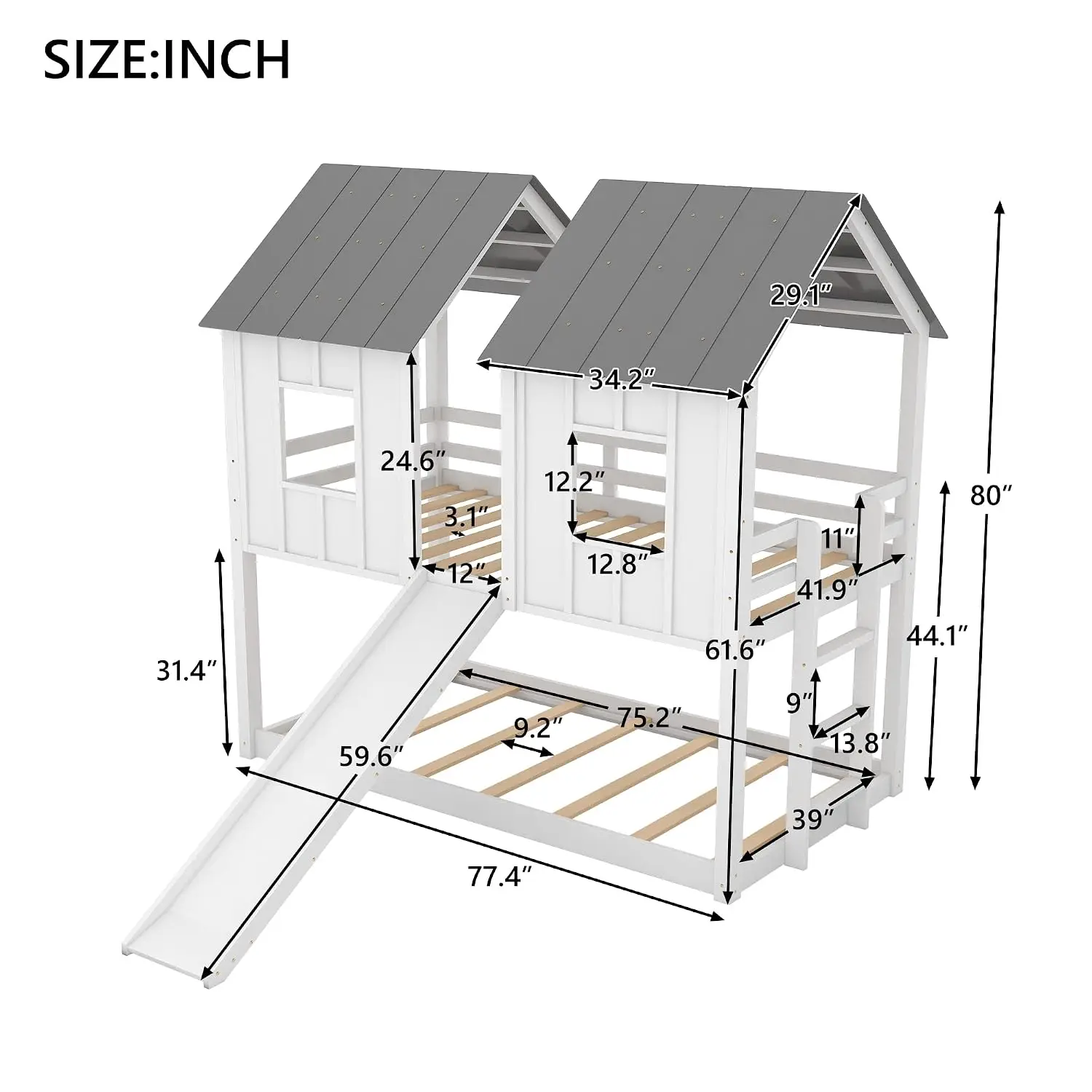 Wooden Bunk Bed Twin Size with Slide, Ladder, Guardrails, Window Design, Customized