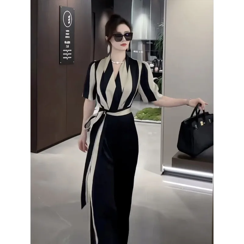 

Fashion Temperament 2025 Summer Goddess Striped High Waist Design Beautiful Jumpsuit Western Style
