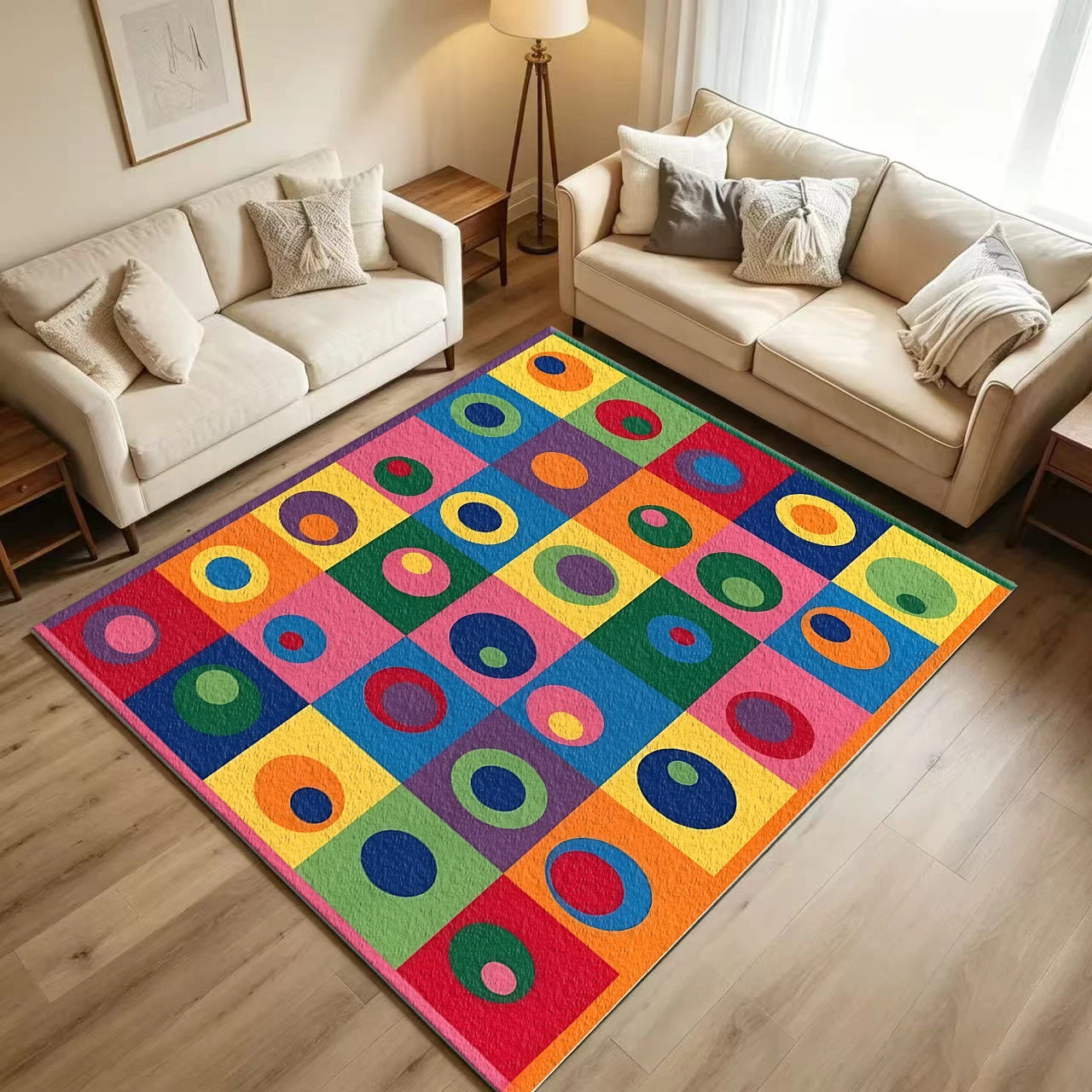 Colorful Geometric Round Plaid Carpet Non-Slip Washable Floor Carpet Suitable for Living Room Children's Room Home Decoration