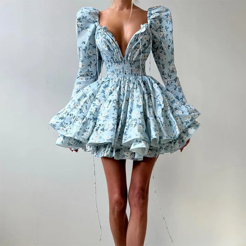 Trendix Abito con stampa floreale per le donne Autunno Sexy Deep V Nekc Fasciatura Manica lunga Abiti corti Lace Up Elegante abito con volant 2025