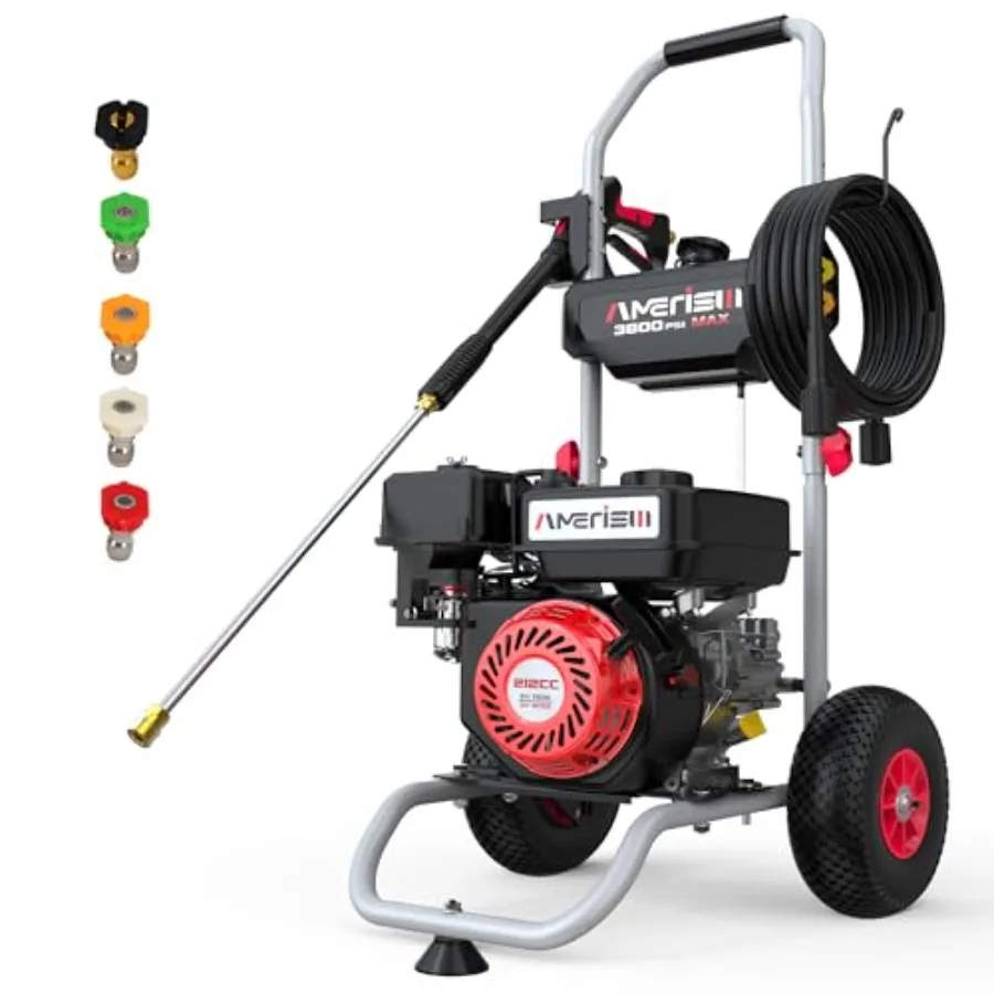 

Газовая мойка высокого давления 3800 PSI, 2.5 GPM, 212CC с встроенным баком для моющего средства, металлической насадкой-распылителем и 5 насадками для очистки фасадов домов, подъездных путей, автомобилей, алюминия.