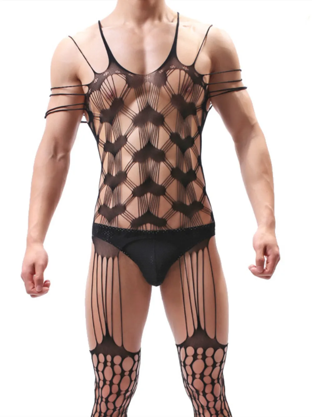 Black Lace Heart Pattern One-Piece Bodysuit Sexy Tight Elastic Men's Sleepwear Breathable Underwear Full Coverage