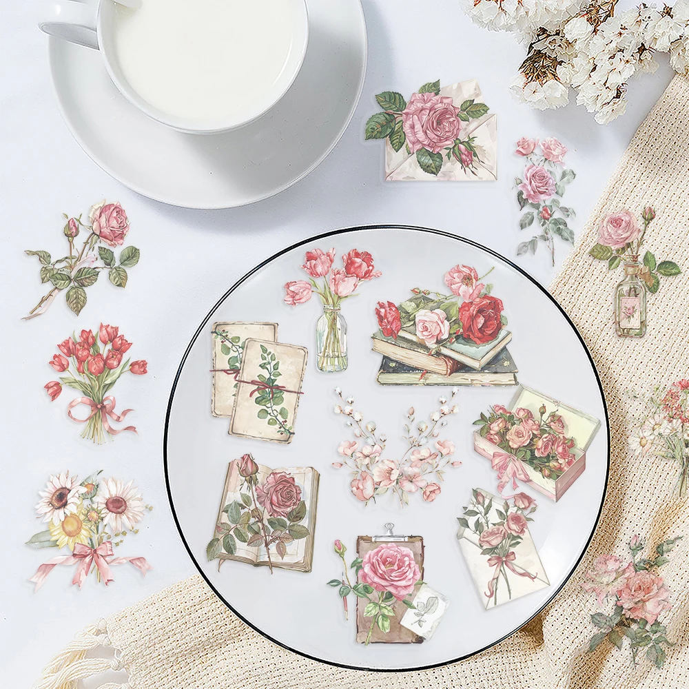 100pcs Flower and Letter Tulip Sticker Pack Waterproof Transparent PET Brochure Flower Material Decorative Guitar Notebook