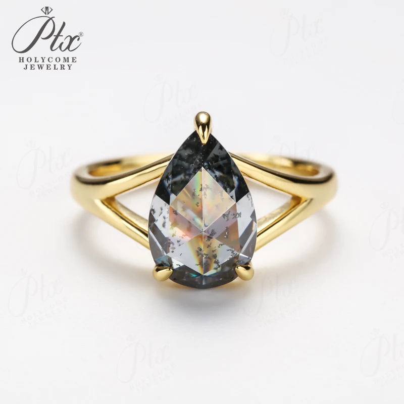 

Engagement Ring Salt and Pepper Moissanite Diamond Pear Cut 925 Sterling Silver Plated with 18k Gold Wedding Jewelry Vintage