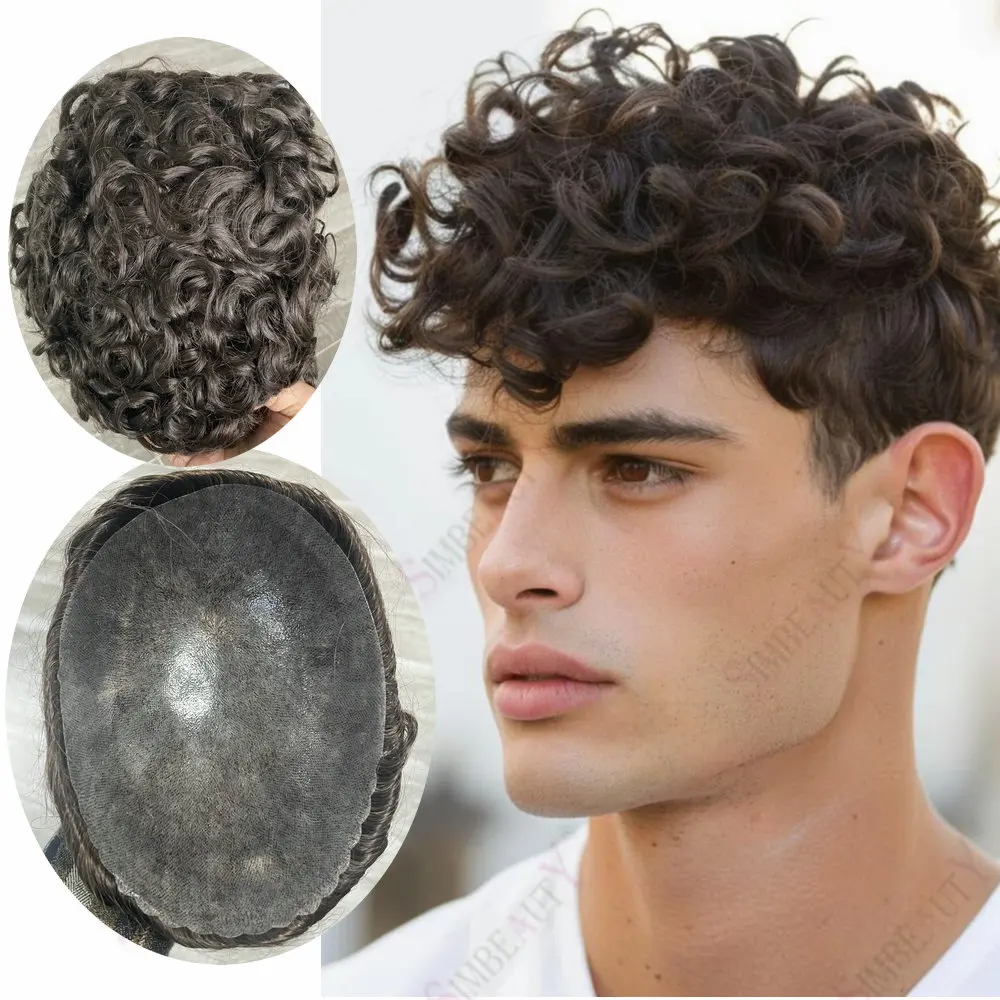 

Мужской парик-накладка 20 мм, кудрявый, сверхпрочный, с полной основой из ПУ, черный, коричневый, серый, из натуральных человеческих волос, с естественной линией роста волос, протез для волос