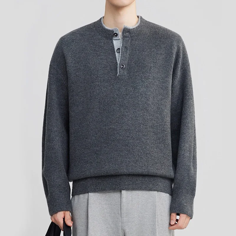 

American Henry Collar Knitted Sweater Men Autumn Winter Fashion Loose Casual Pullover Sweaters Cityboy Jumper Knitwear Tops