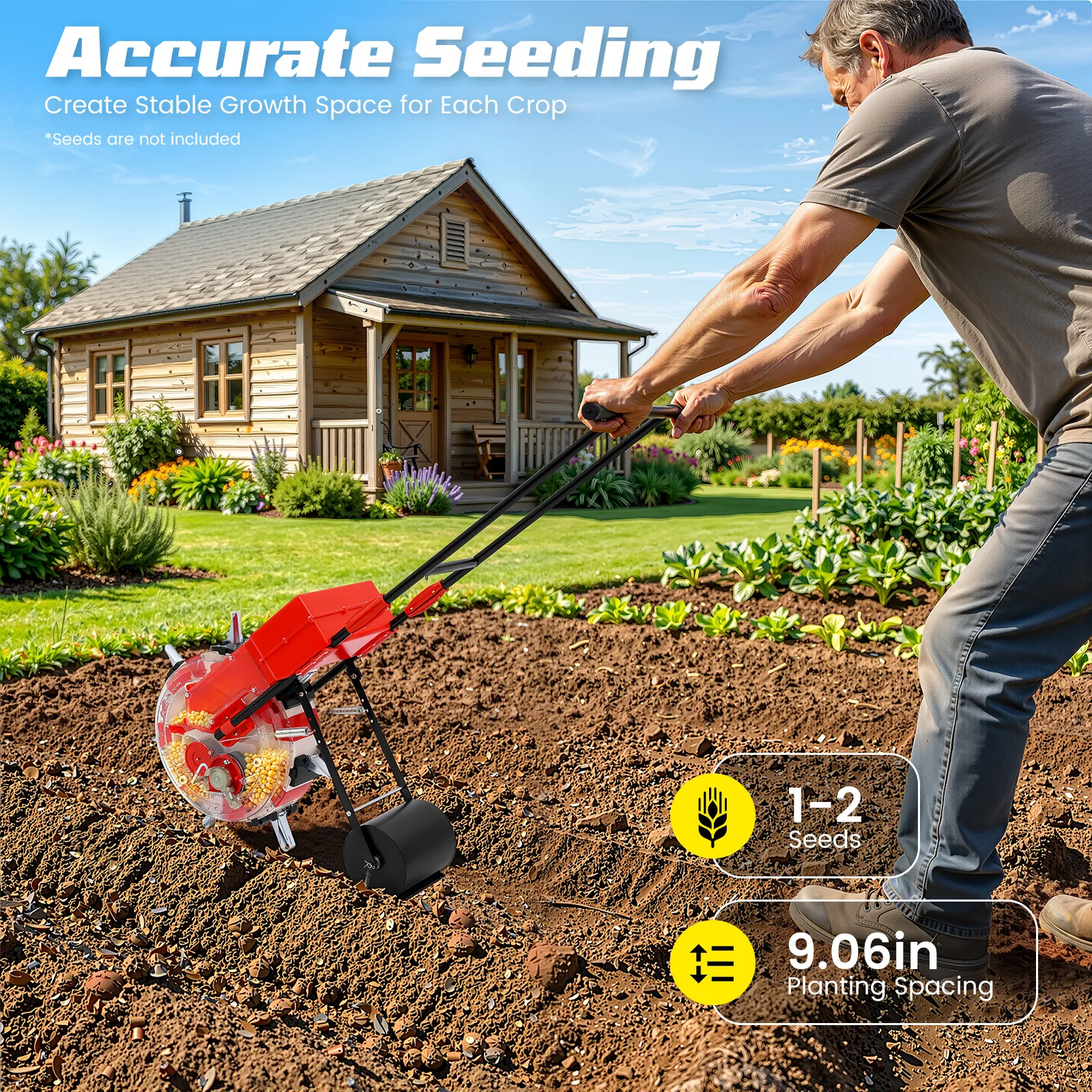 Hand-push Manual Garden Seeder Planter, Adjustable Depth 7 Nozzles Seeding Machine for Vegetable Corn Soybean Sowing