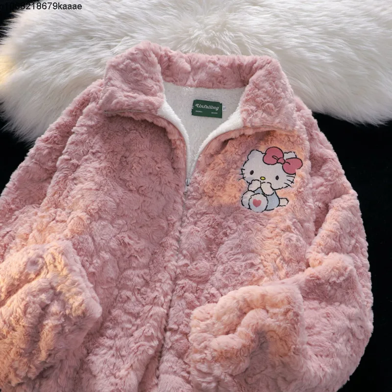 Hello Kitty American Style Lamb Wool Cotton Coat Women Cartoon Embroidery Trendy Soft Thick Warm Jacket Cute Couple Cotton Coat