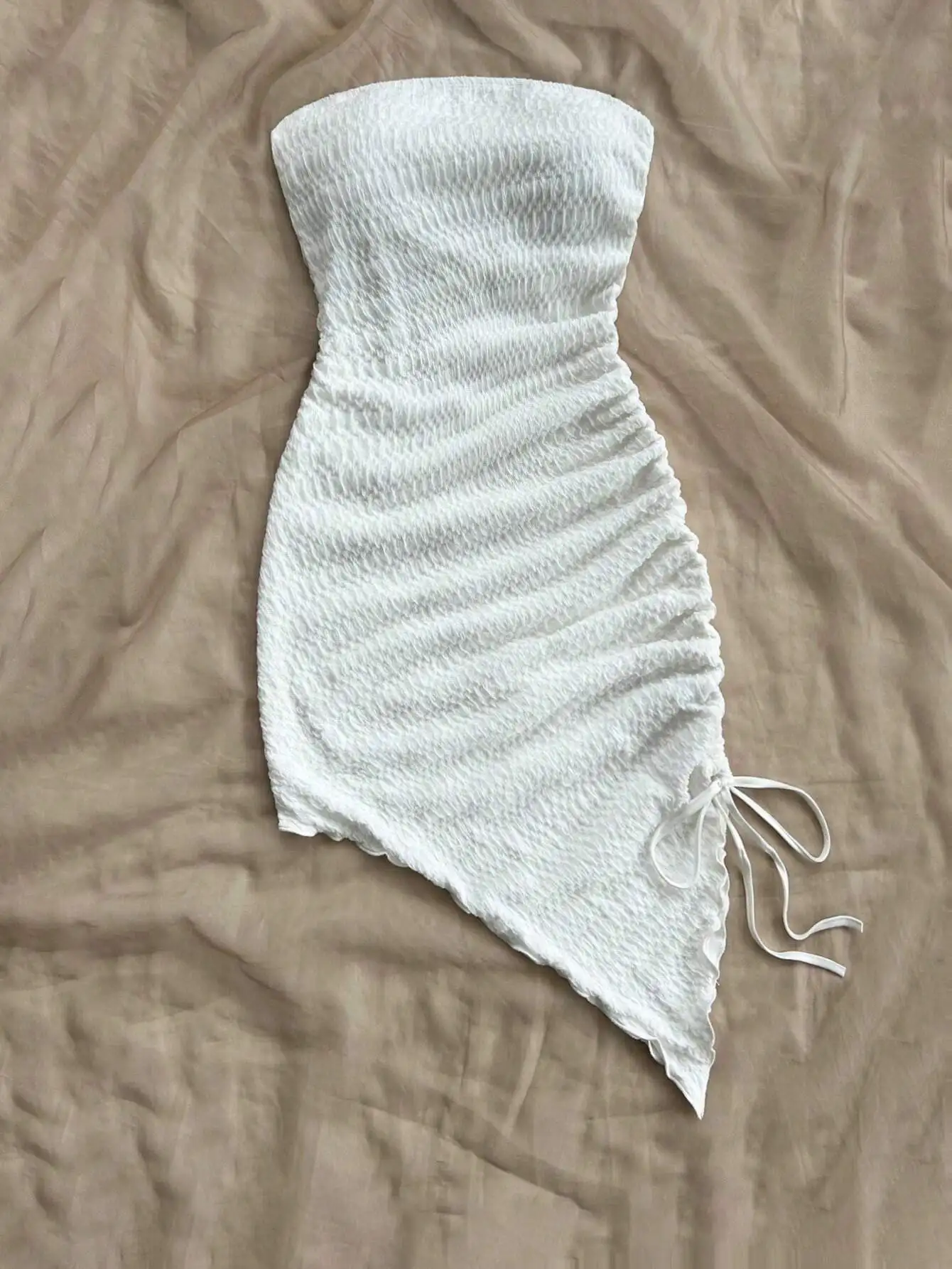 

White Textured Strapless Asymmetrical Hem Mini Dress With Side Drawstring