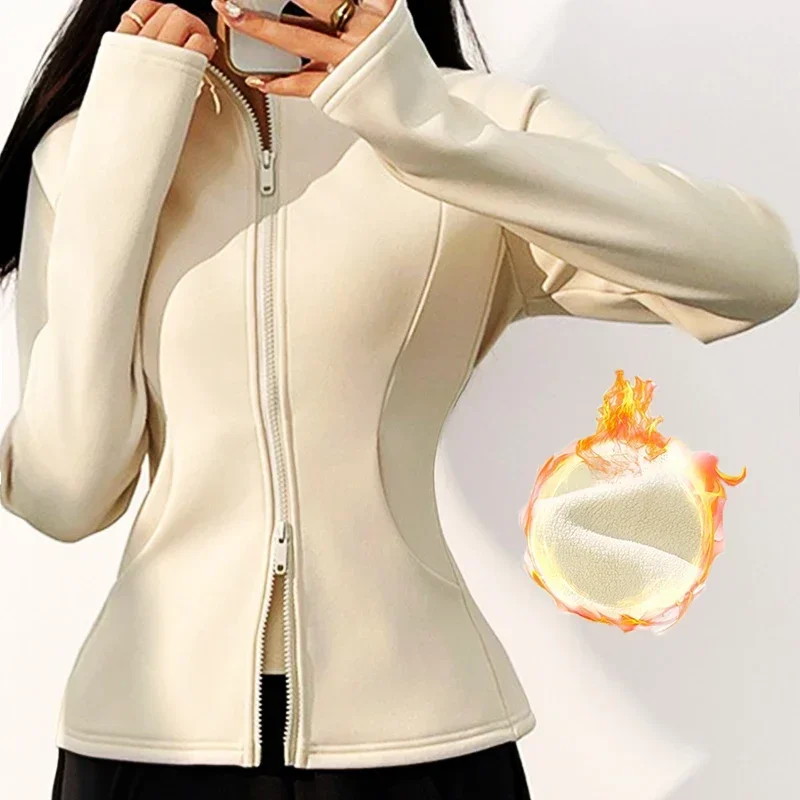 

Aiithuug Women Winter Jacket Gym Double Zipper Women Yoga Jackets Winter Pockets Sports Jacket Women Fleece Workout Jackets