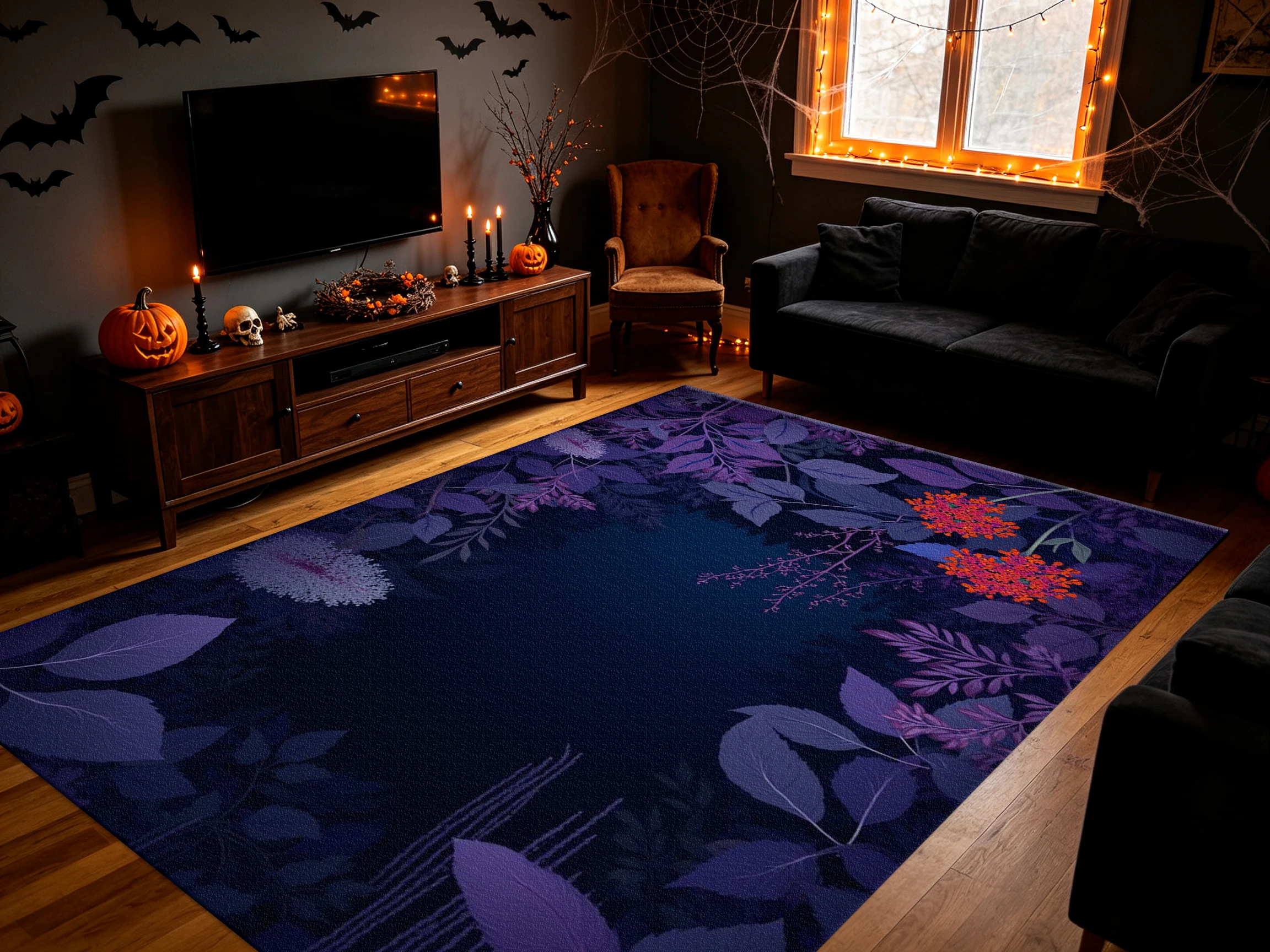 Dark Purple Night Botanical Floral Carpet Flooring Deep Tone Foliage Square Art Rug Stylish Home Floor Decor