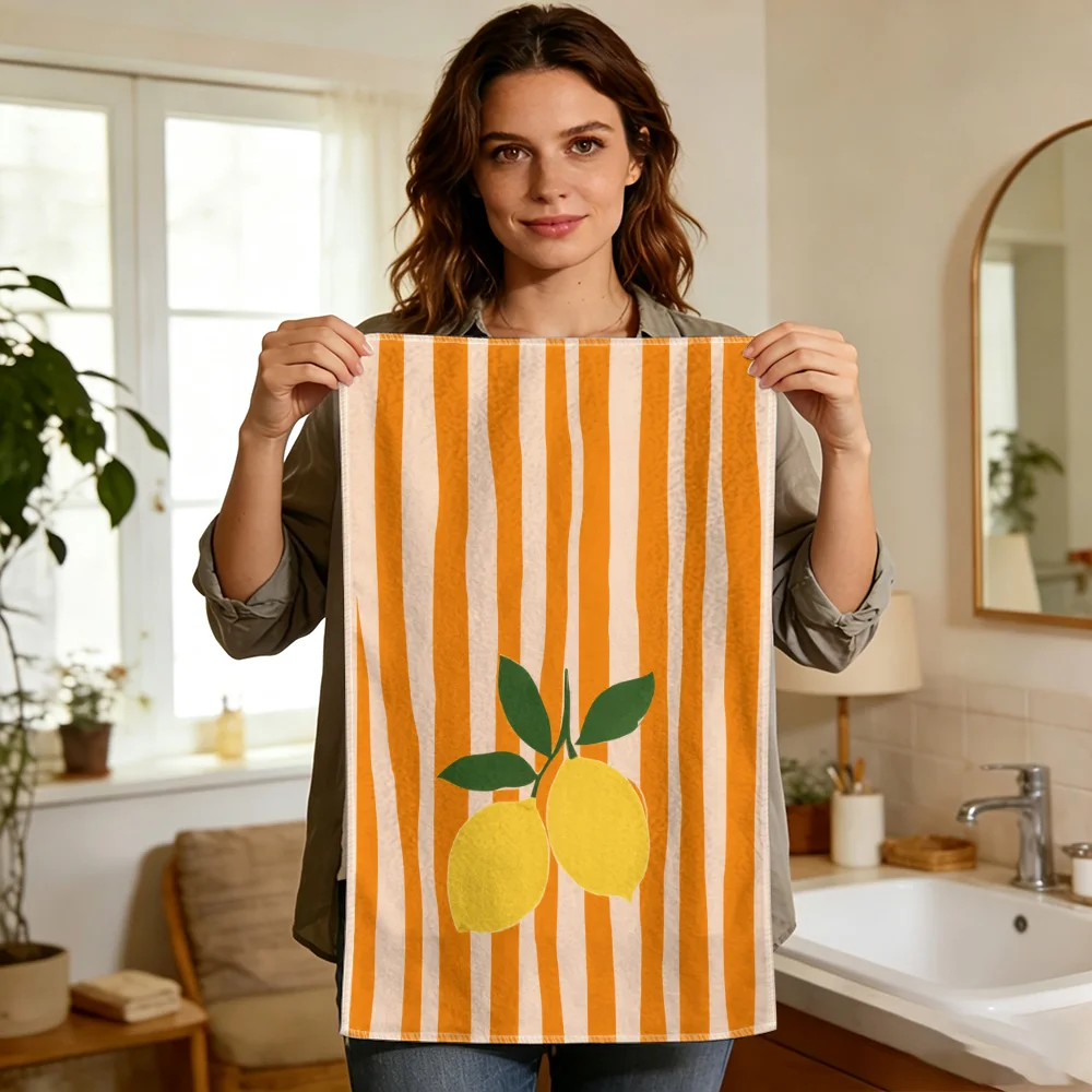 1pc/2pcs Printed Lemon and Orange Stripe Kitchen Towel-Super absorbent, reusable polyester dishcloths perfect for home decor, co