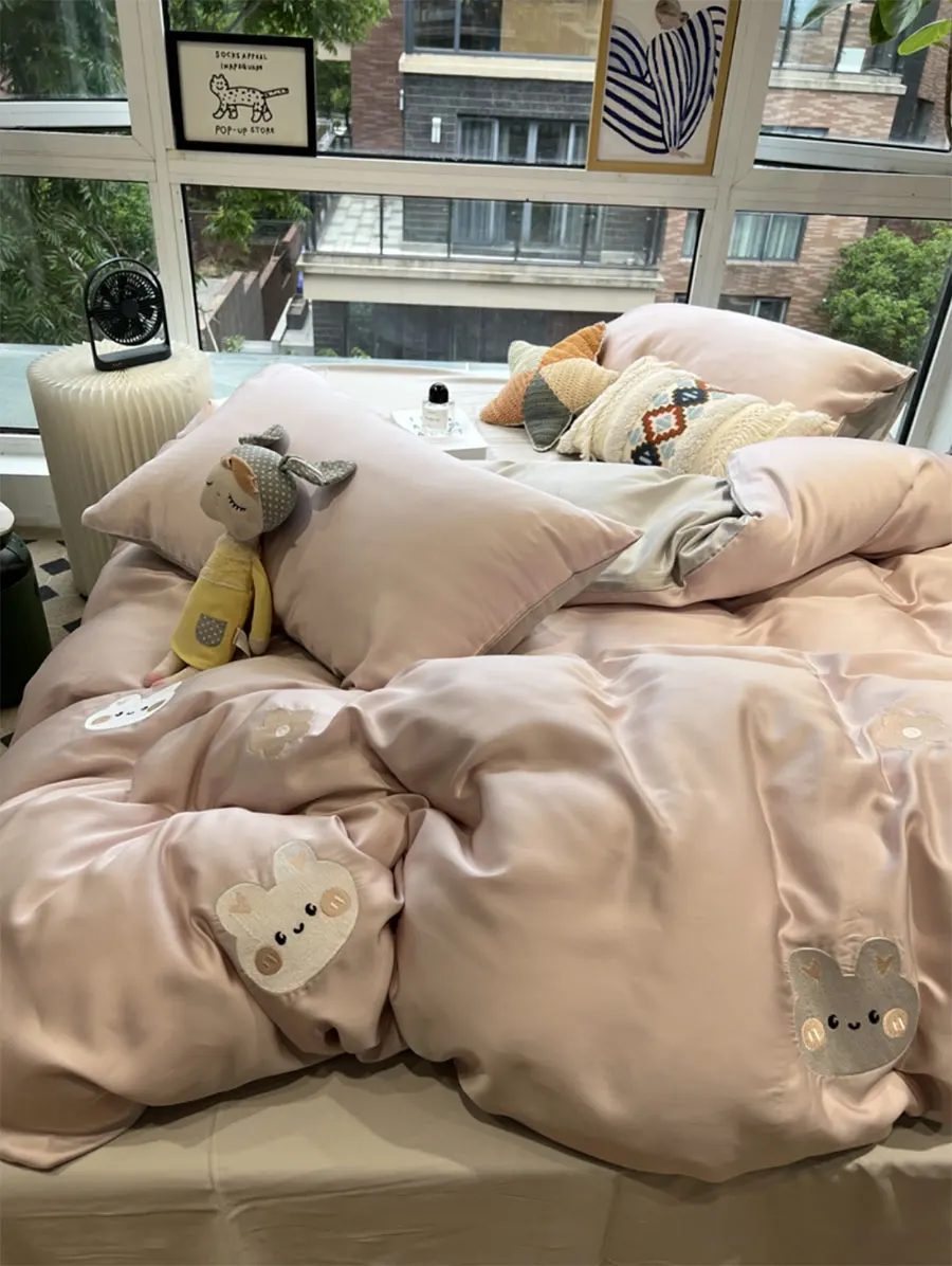 Cute embroidery rabbit bedding set kid teen girl,lovely sweet full queen king home textile flat sheet pillow case duvet cover