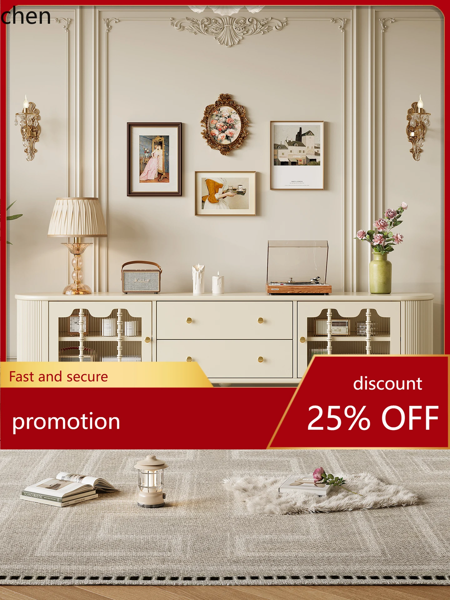 

HT TV Cabinet All Solid Wood Home Wall-Mounted Storage Cream Style Floor Cabinet Living Room Storage Cabinet