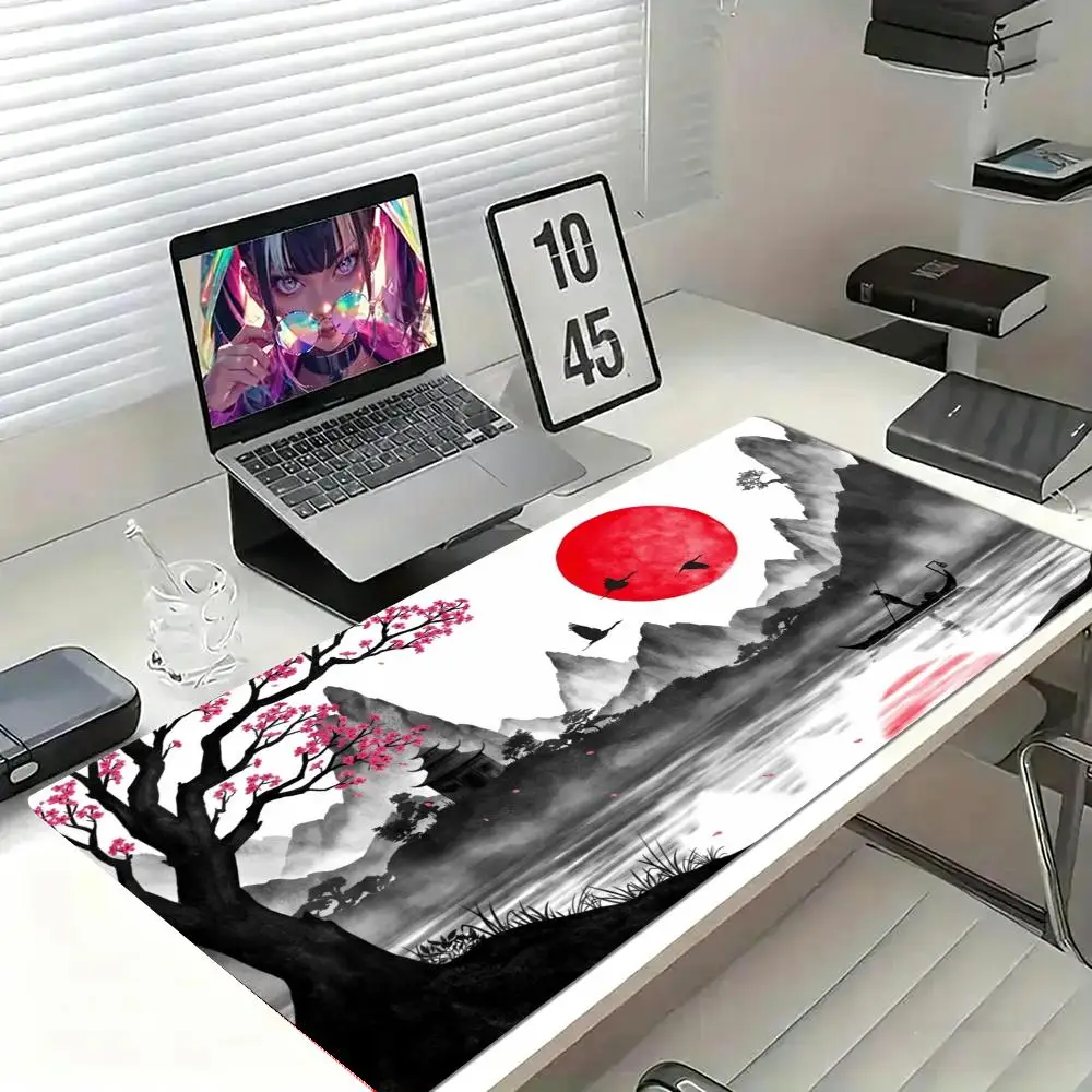 Japanese Ink Mountain River Mousepad Cherry Blossom Red Sun Deskpad Pc Game Desk Mats Non-slip Big Mouse Mats Desktop Decor