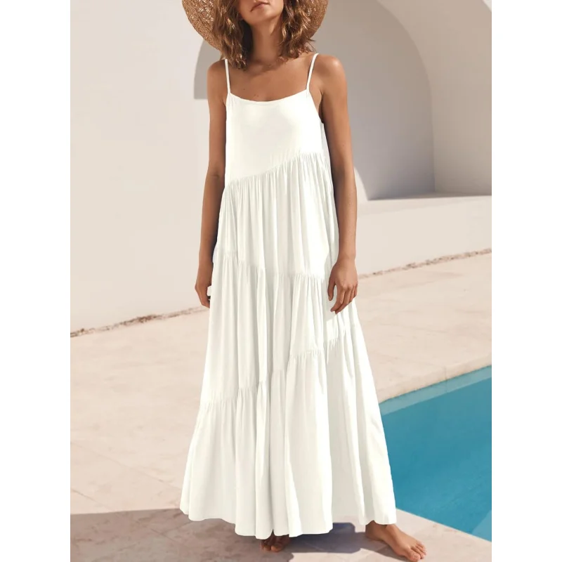 Abito estivo da donna, casual, ampio, senza maniche, con cinturino per spaghetti, fluido, boho, in lino, per le vacanze al mare, maxi abito lungo