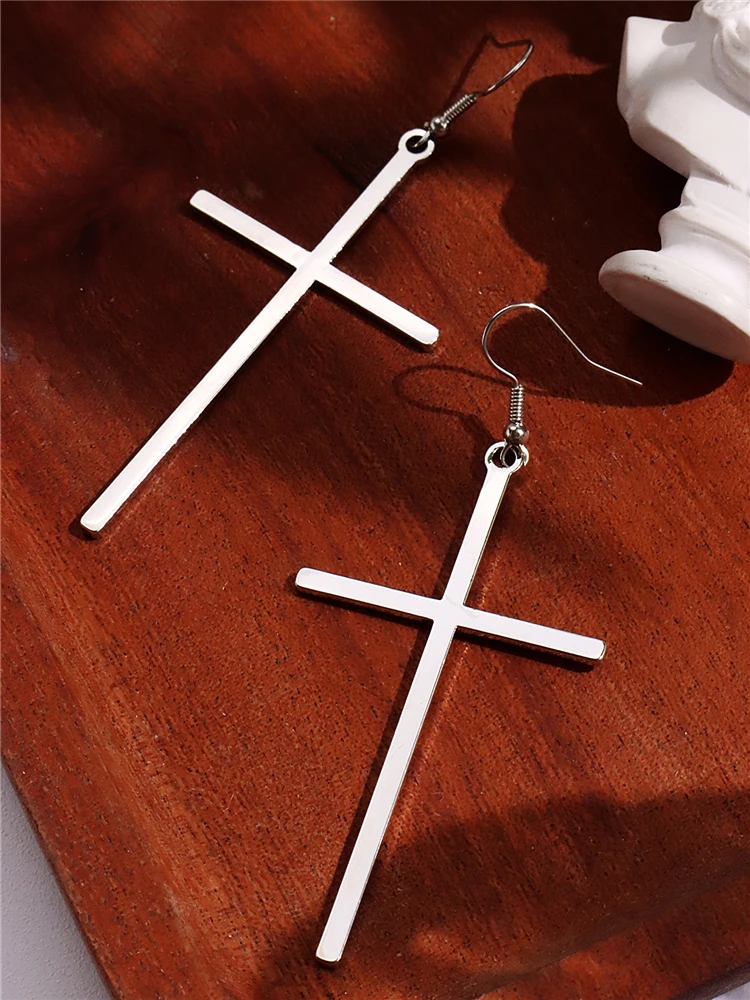 Silver Color Exaggerated Long Style Size 8CM Cross Earrings for Women Girls Punk Fashion Metal Party Jewelry Gifts 2024 Trend