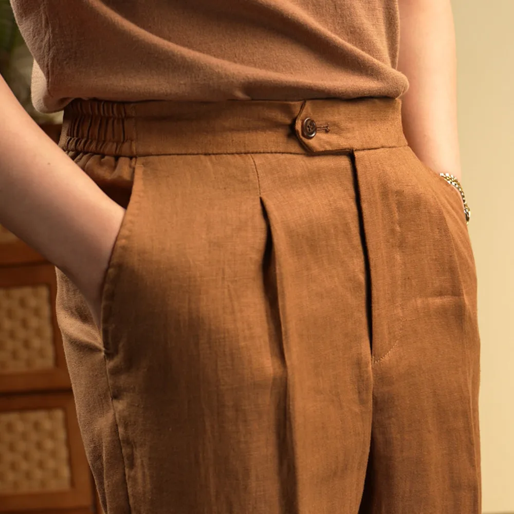 

Итальянские мужские классические брюки из 100% льна, прямые брюки с высокой талией в британском стиле, мужские повседневные брюки