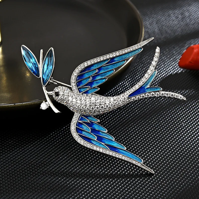 Korean Style High-End Enamel Dripping Swallow Branch Brooch Creative Rhinestone Bird Pin Versatile Fashion Ornament