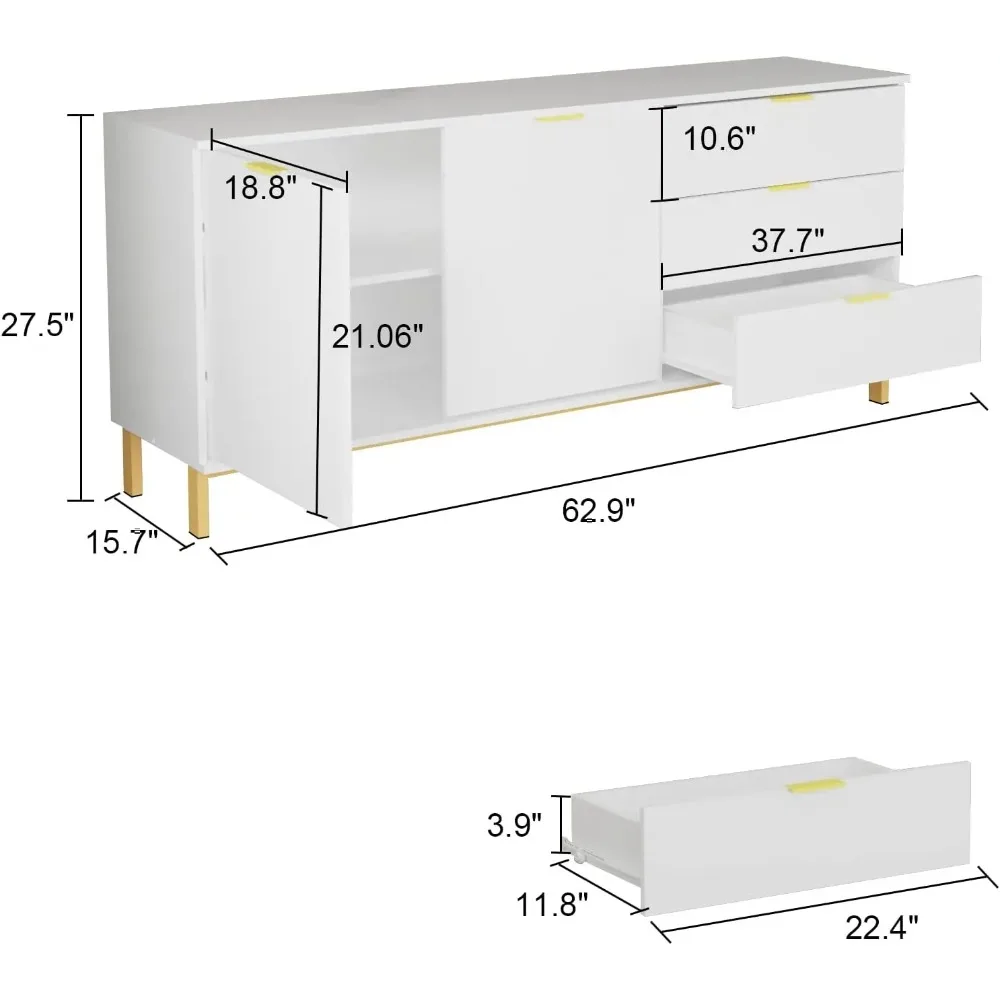 White Buffet Sideboard with  Drawers & Doors Storage, Buffet Cabinet Sideboard Credenza Coffee Bar Cabinet, Metal Legs