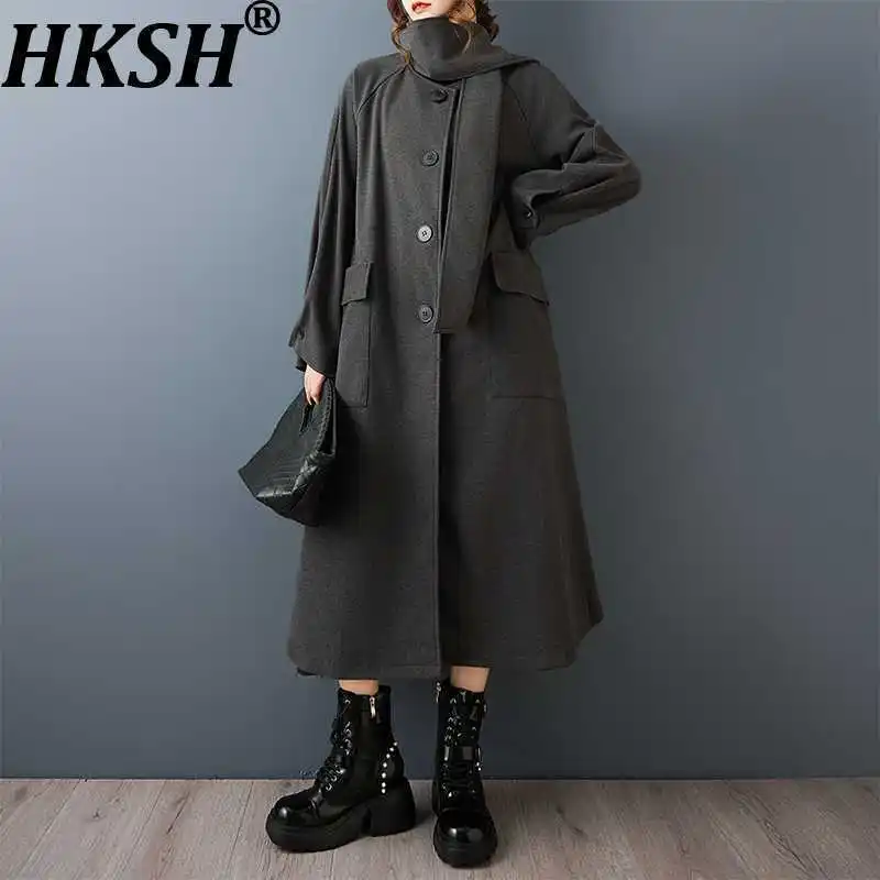 

HKSH весна осень новый женский длинный плащ шарф воротник однобортные карманы сплошной цвет повседневная шерстяная куртка HK13772