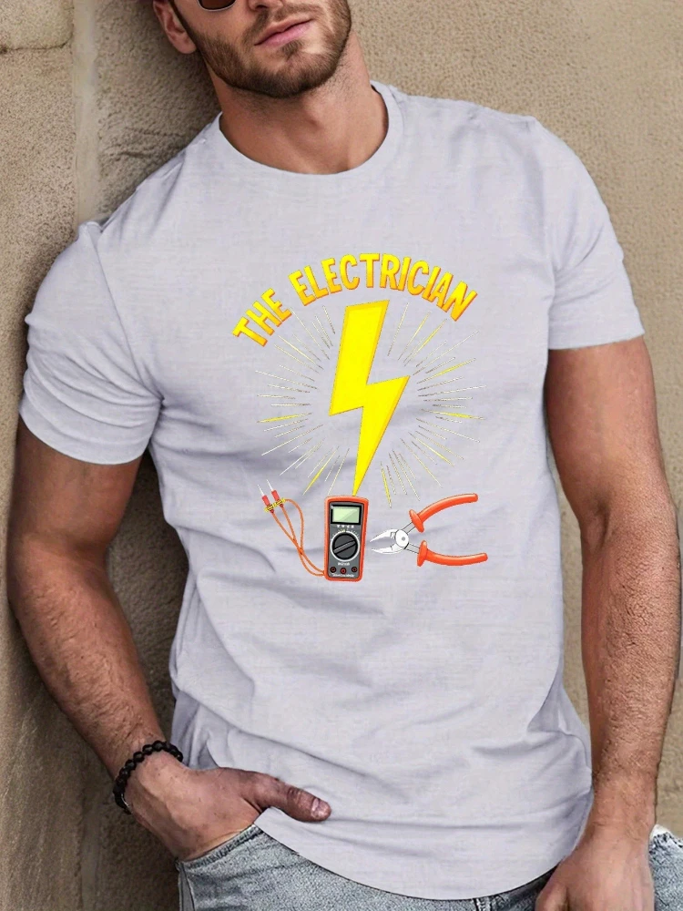 with Electrician Tools & Lightning Bolt Design-100% summer casual O-neck short sleeve printed men's T-shirt.