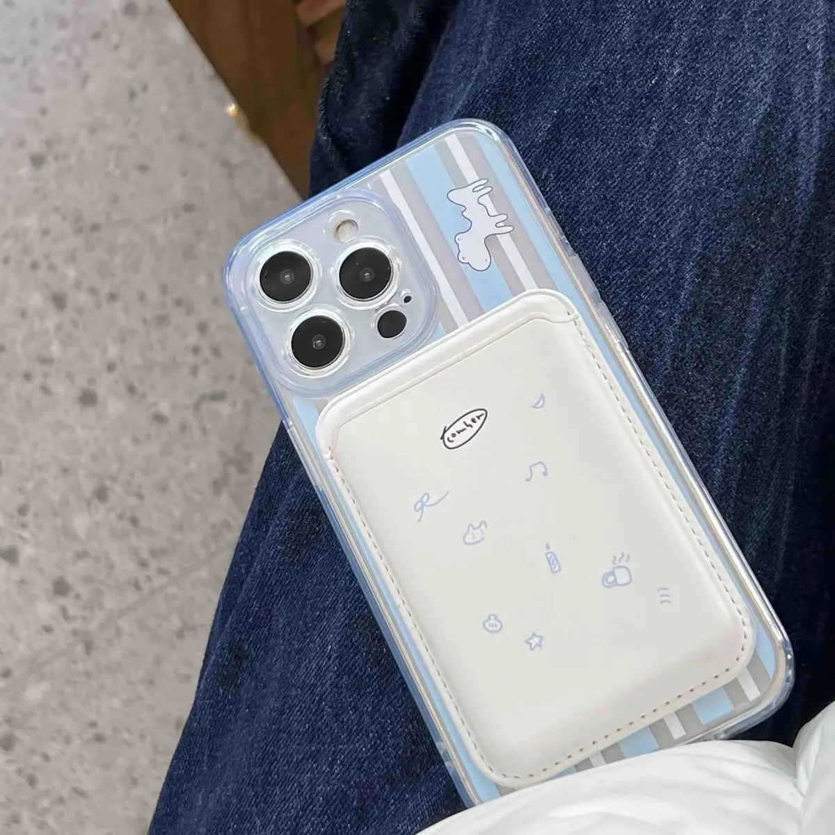 Ins Blue White Striped Puppy for Magsafe Card Holder for iPhone XIAOMI Samsung Phone Case Leather ID Subway Card Holder Slot Y2k