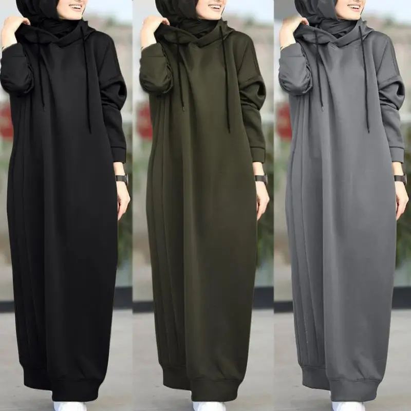 Muslim Dress Autumn/Winter Women\'s Sweatshirt Fashion Hooded Long Sleeve Long Dress Casual Solid Color Hooded Tank Top Robe