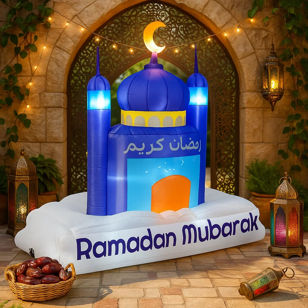 

2.1M/7FT Eid Mubarak Inflatable Mosque Decor Purple Dome LED Lights Crescent Islamic Decor Supplies Ramadan Inflatable For Yard
