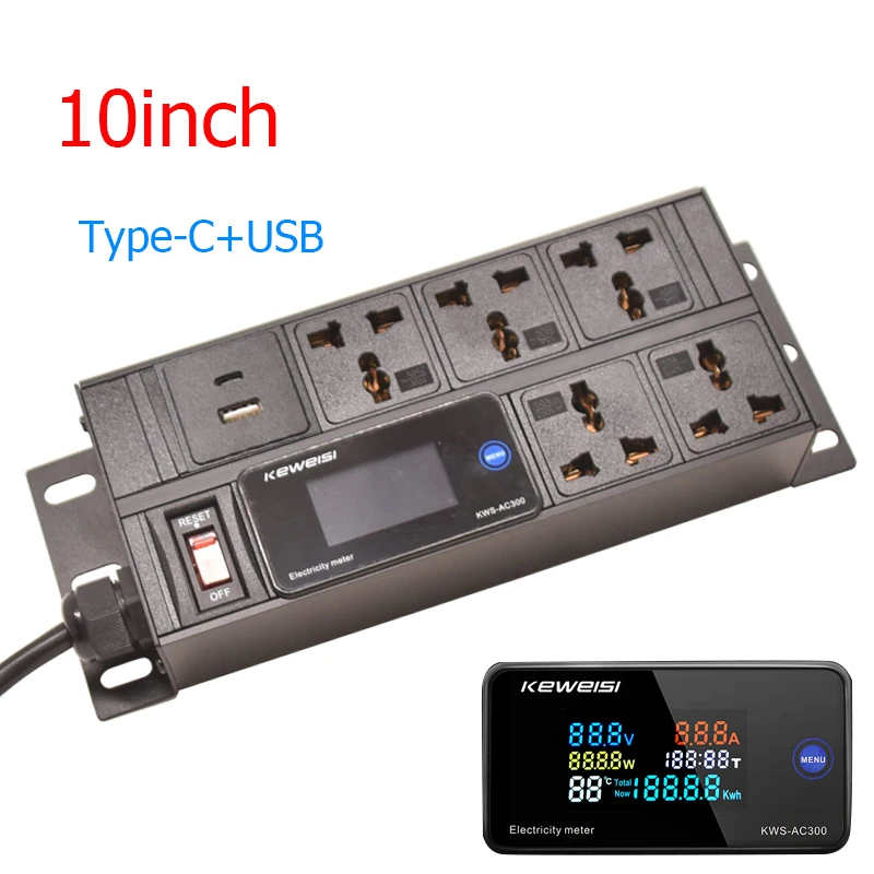 

10inch Cabinet Mount PDU Power Strip Digital Ampermeter Voltmeter Ammeter 5 Ways Universal Socket USB+Type-C with Switch 2m Cord