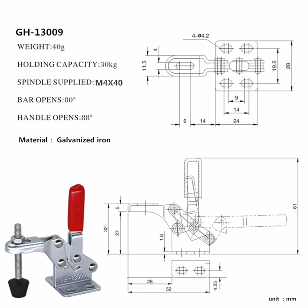 1/2/3/4pcs Veloce GH13009 30kg 66.1lbs U Clip di Metallo Toggle Morsetto Asta Braccio Verticale Saldatrice Funzionamento Attrezzature Elettroniche