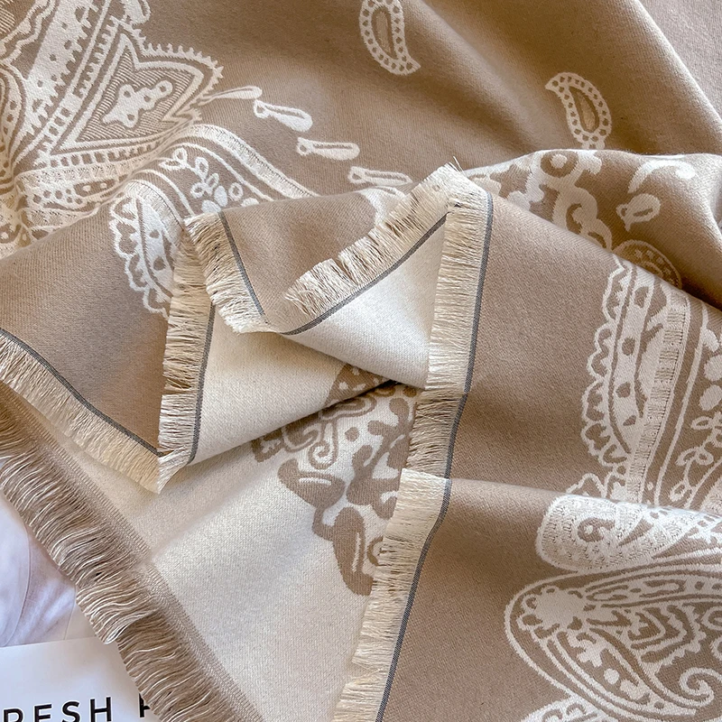 Neue Damenmode Faux Kaschmir Winter Pashmina Vintage Print Quasten Dicke Warme Zweiseitige Schal Outdoor Schals Wraps Foulard – Detail 8